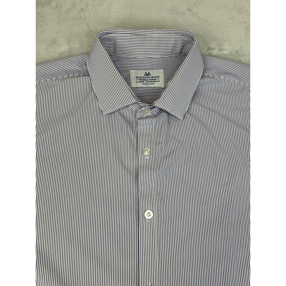Mizzen+Main Mens Button Down Shirt XL Blue White Stripe Stretch Standard Fit